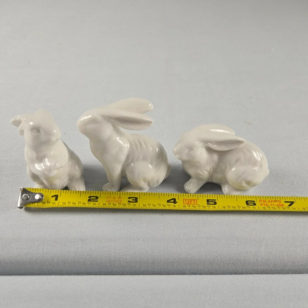 White Ceramic Bunny Rabbit Figurines Set of 3 Easter Spring Cottage Decor